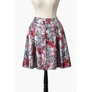 John Paul Richard XL Silver Metallic Floral A-Line Skirt Red Black Statement
